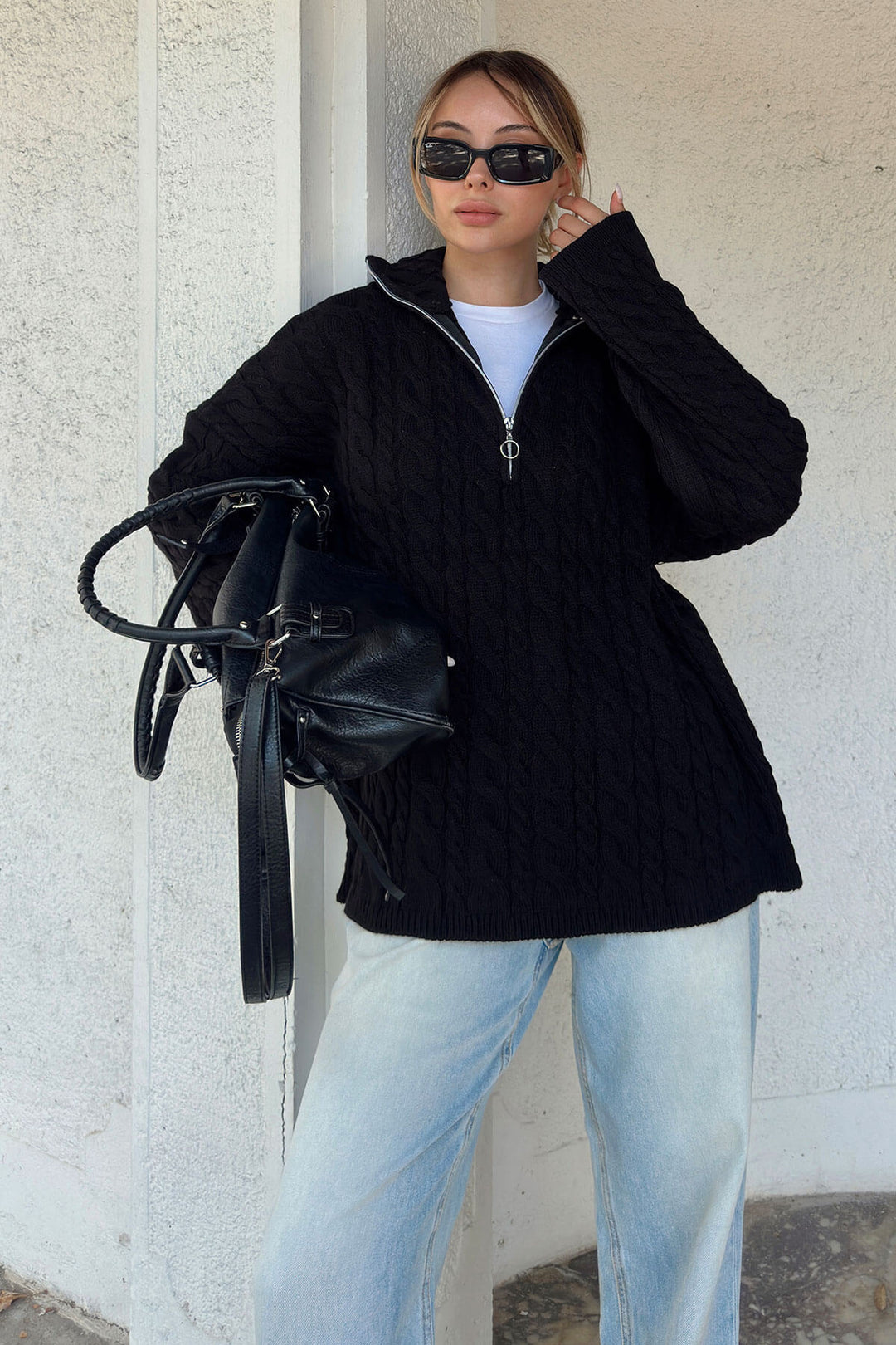Damen Strickpullover mit halbem Reißverschluss und Zopfmuster Drune