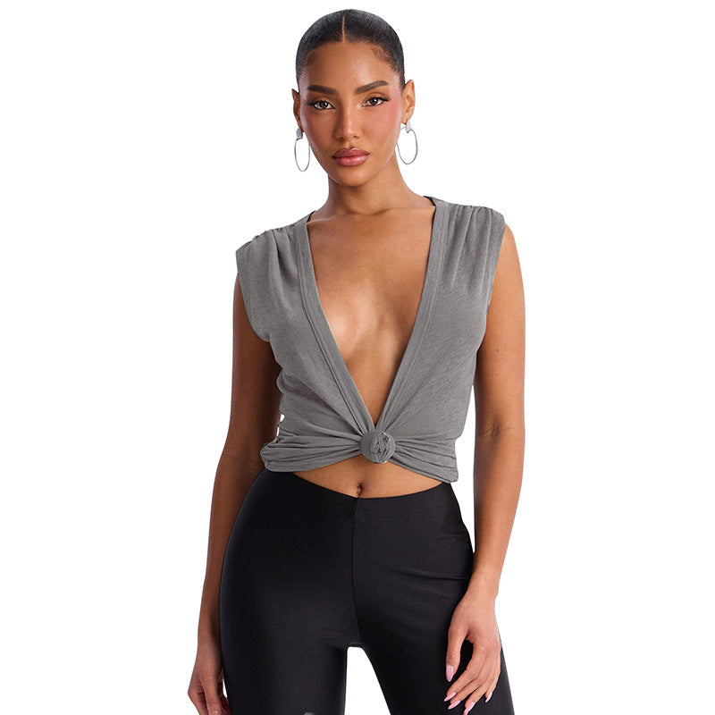 Damen Stylishes Wickeloberteil mit tiefem V-Ausschnitt und Knoten-Detail Drune