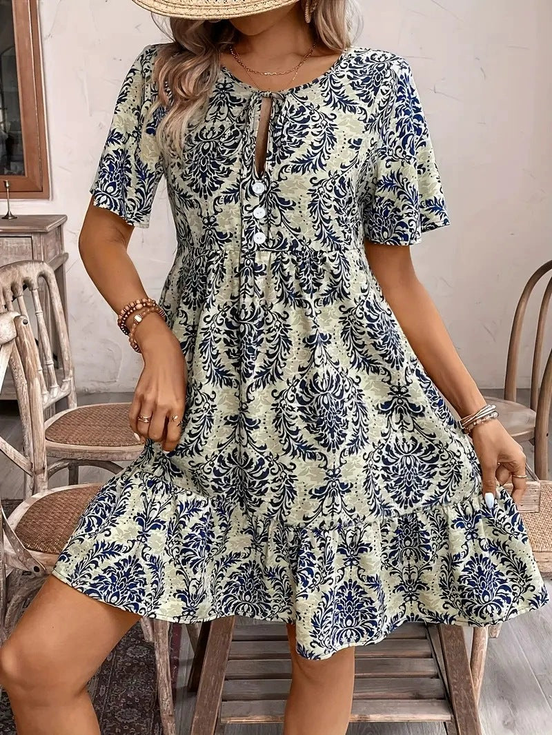 Damen Midi-Kleid mit verspieltem Muster und Knopfleiste Drune