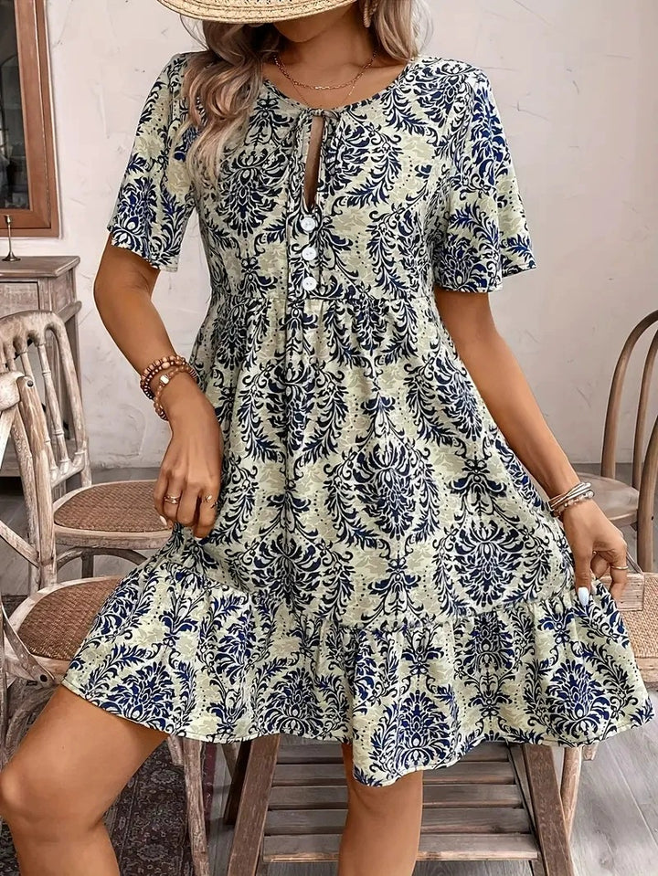 Damen Midi-Kleid mit verspieltem Muster und Knopfleiste Drune