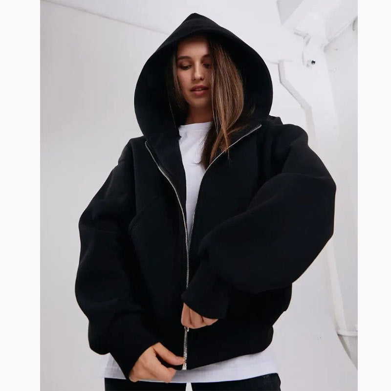 Damen nan extraweit geschnittener Zip-Hoodie mit verstärkter Kapuze, flachen Nähten und weichem Fleece-Innenfutter Drune
