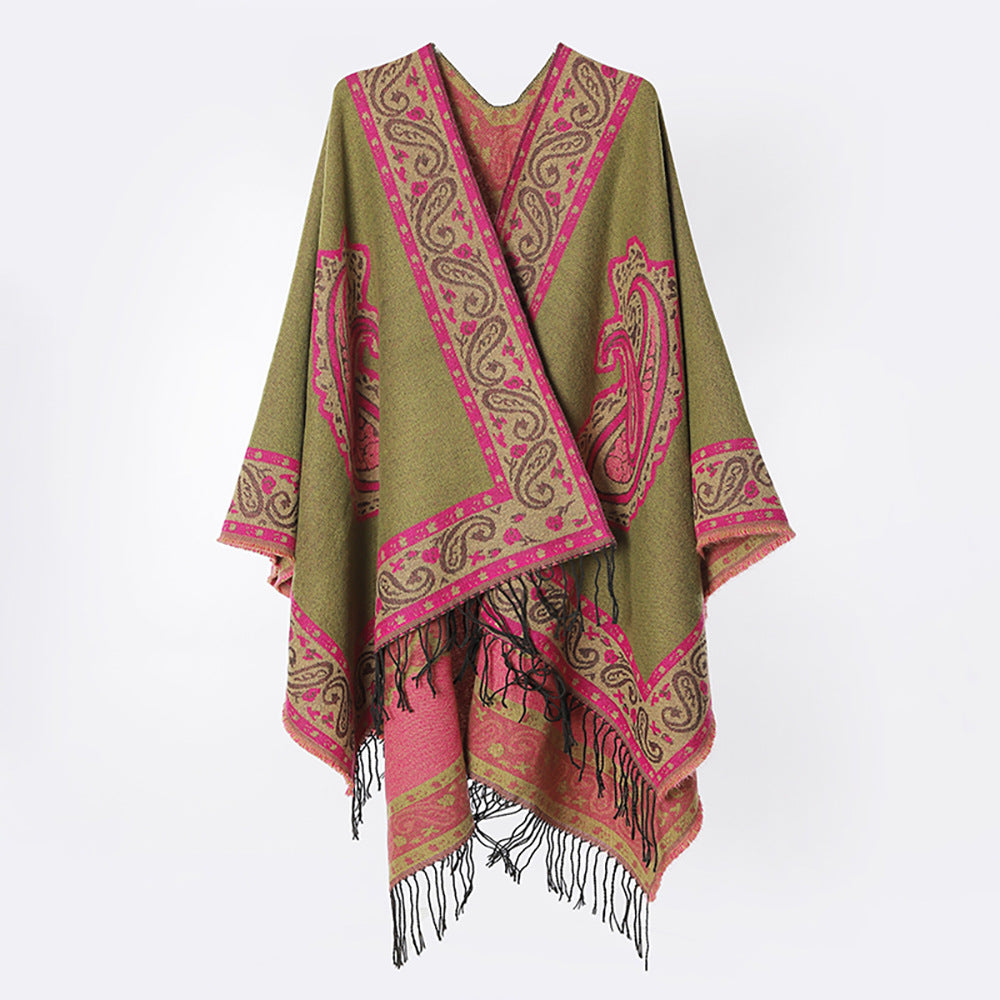 Damen Oversize‑Wickelcape im Paisley‑Jacquard mit Fransen und V‑Ausschnitt Drune