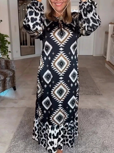 Damen nan fließendes Maxikleid mit Ethno‑Diamantprint, Schlüsselloch‑Ausschnitt und Kontrast‑Volant Drune