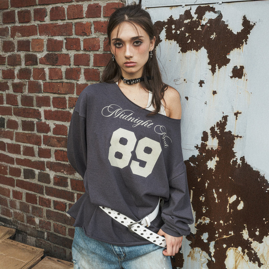 Damen nan Oversized-Sweatshirt im Off-Shoulder‑Stil mit Vintage‑Frontprint und ausgestelltem Saum Drune