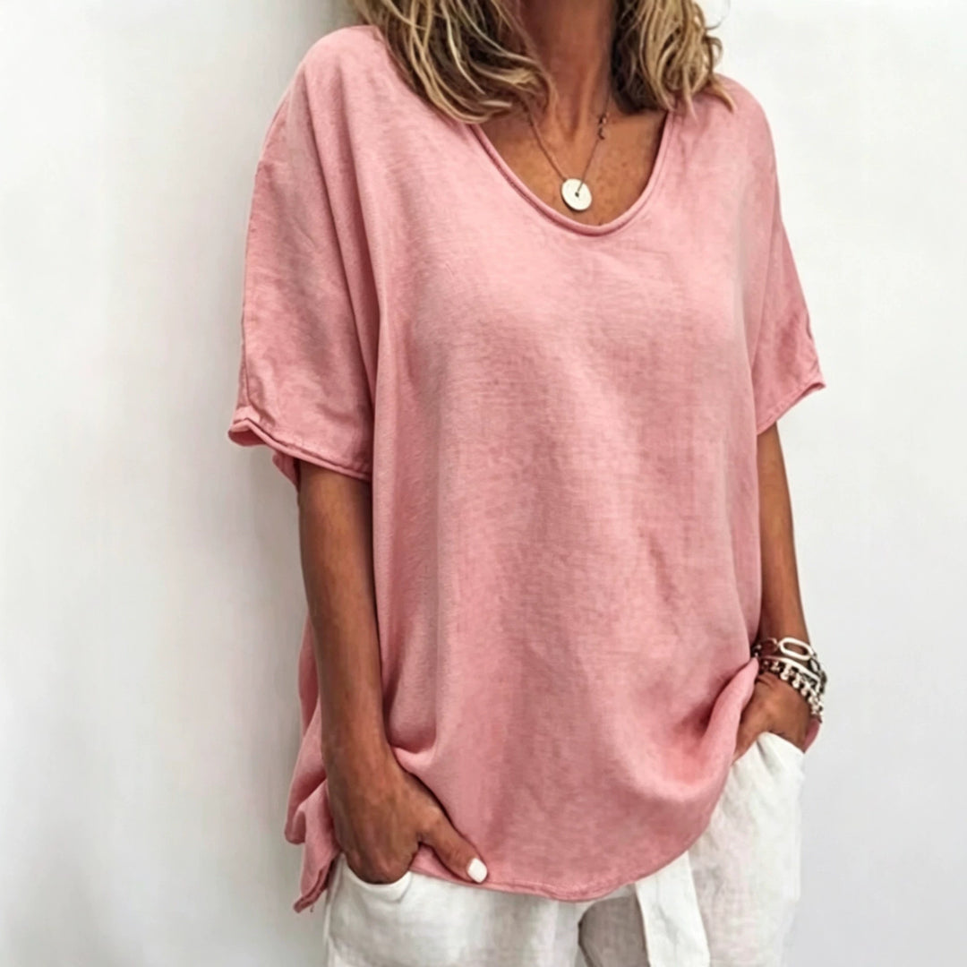 Damen nan weit geschnittenes Leinenmix-Relaxshirt mit Rundhalsausschnitt, überschnittenen Ärmeln und seitlichen Schlitzen Drune