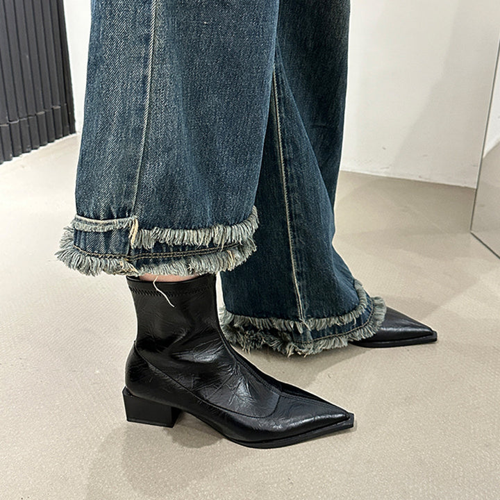 Damen elegante Stiefeletten mit spitzem Zehenbereich und Blockabsatz Drune