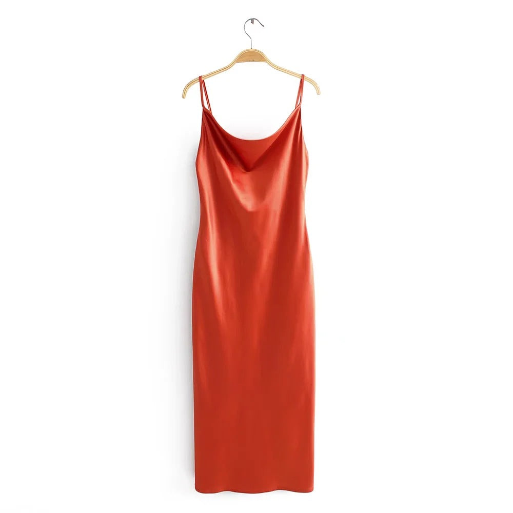 Damen Satin-Midikleid mit verführerischem V-Ausschnitt und Spaghettiträgern Drune