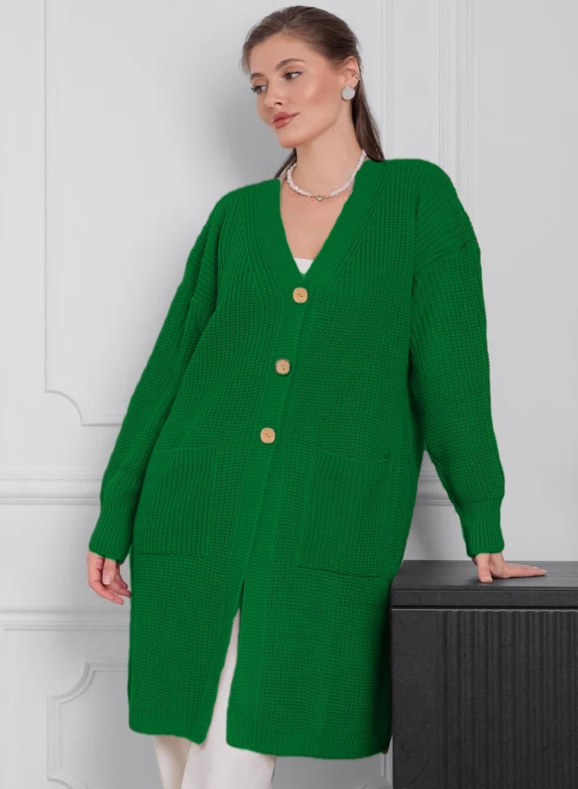 Damen Grobstrick-Cardigan mit schlichten Holzknöpfen und praktischen Taschen Drune