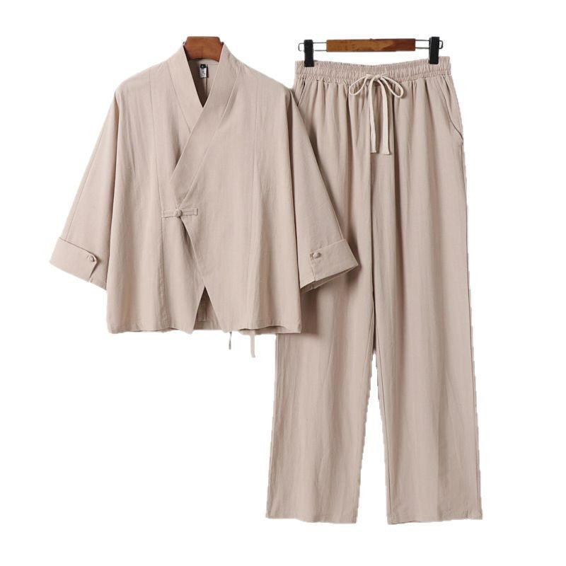 Unisex Leichtes Zen-Lounge-Set im Kimono-Stil mit überschnittener Schulter verdeckter Knotenleiste und elastischer Tunnelzughose Drune