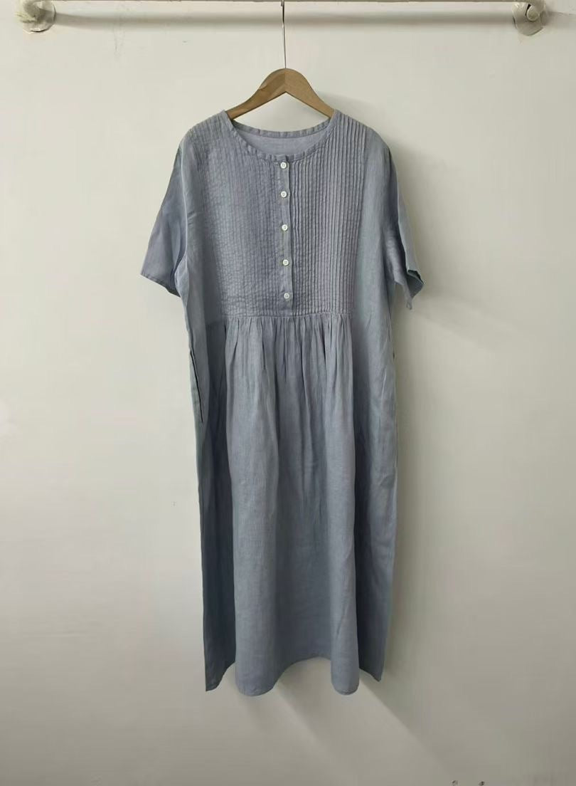 Damen Casual Knopf-Baumwollkleid Drune