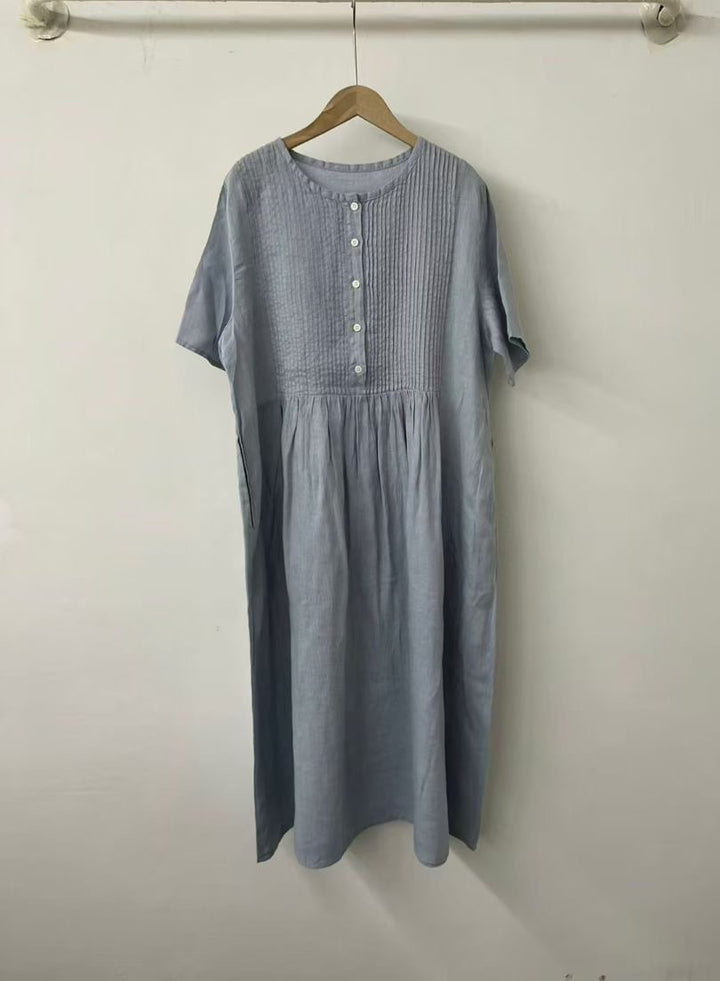 Damen Casual Knopf-Baumwollkleid Drune