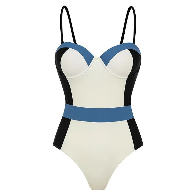 Damen High-Waist Einteiler Badeanzug mit modernem Schnitt und verspielten Farbblockelementen Drune