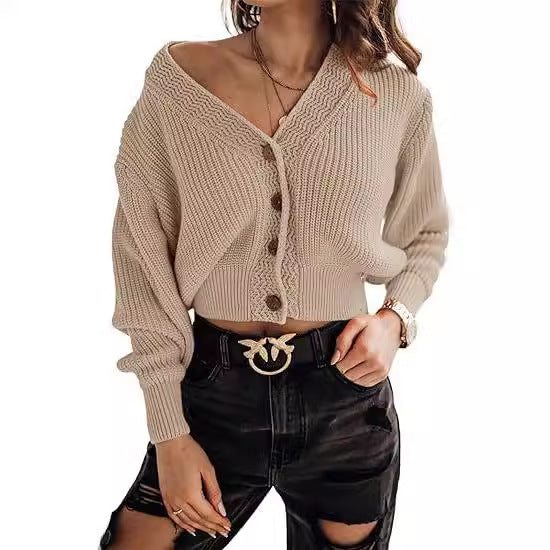 Damen cropped Strickjacke mit tiefem V-Ausschnitt und elegantem Knopfverschluss Drune