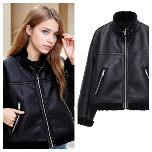 Damen Oversize-Fliegerjacke aus Kunstleder mit Teddyfutter und Stehkragen Drune