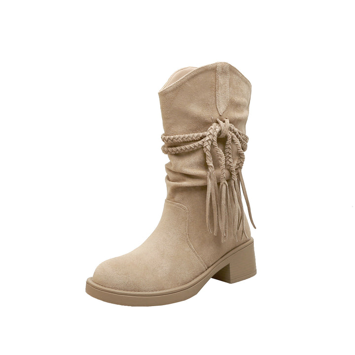 Damen Wadenhohe Veloursleder-Stiefel mit geflochtenem Quastenriemen Drune