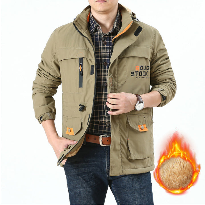 Herren Thermoisolierter Fieldparka mit Teddyfutter, Kapuze und Multifunktionstaschen Drune