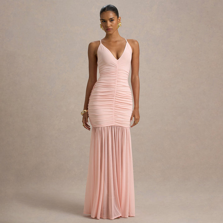 Damen Elegantes bodenlanges Kleid mit raffinierten Rüschendetails Drune