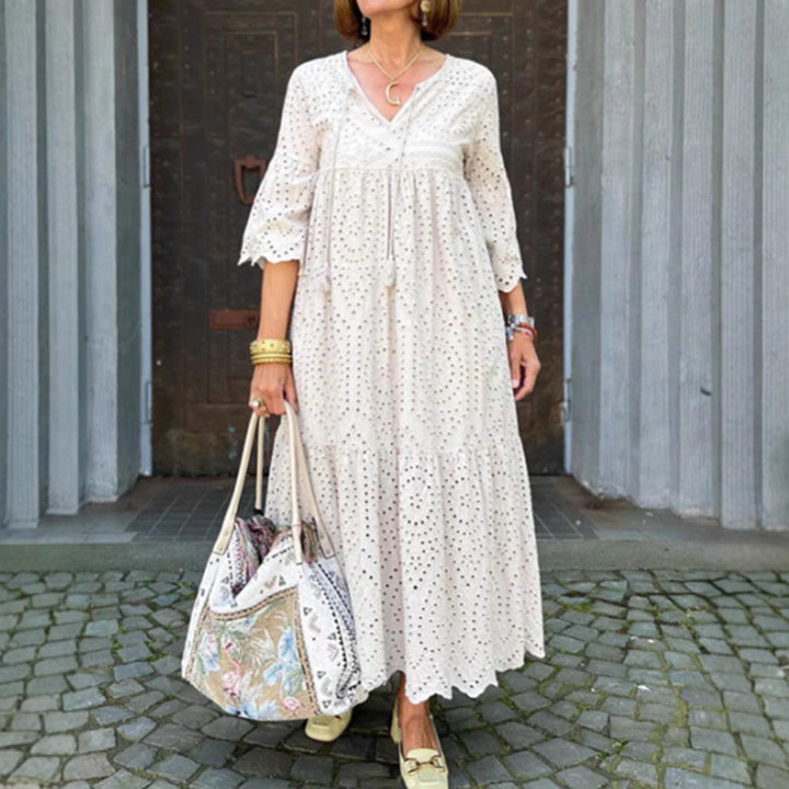 Damen nan fließendes Maxikleid mit Ajourstickerei, V-Ausschnitt, Unterbrustnaht und Volantrock Drune