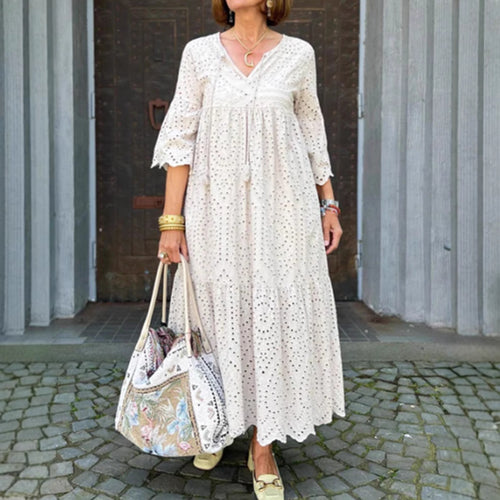 Damen nan fließendes Maxikleid mit Ajourstickerei, V-Ausschnitt, Unterbrustnaht und Volantrock Drune