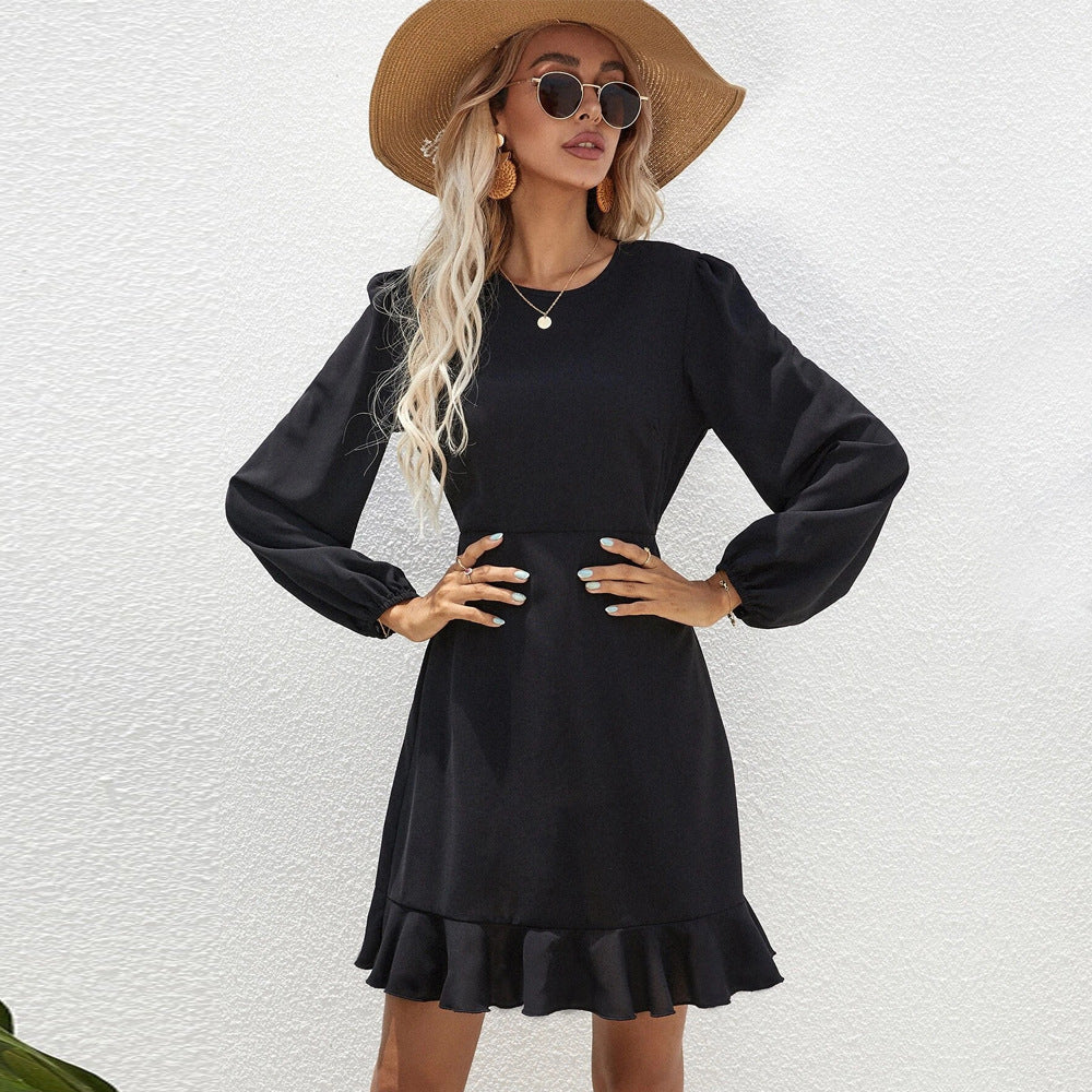 Damen elegantes Langarm-Minikleid mit Puffärmeln taillierter Empire-Passform und Volant-Saum Drune