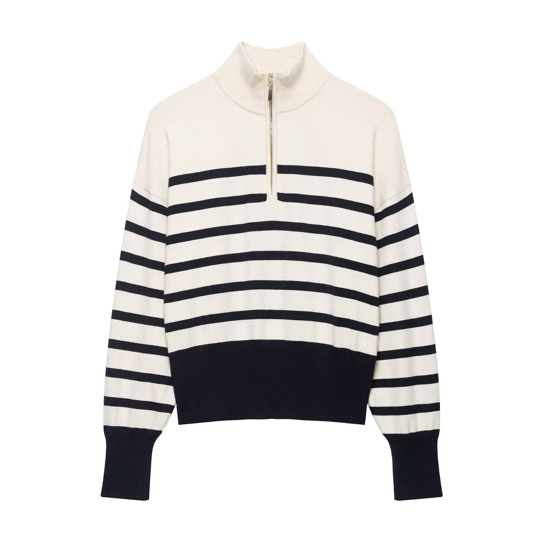 Damen Cropped Boxy Strickpullover mit halbem Reißverschluss, Stehkragen und breiten Streifen Drune