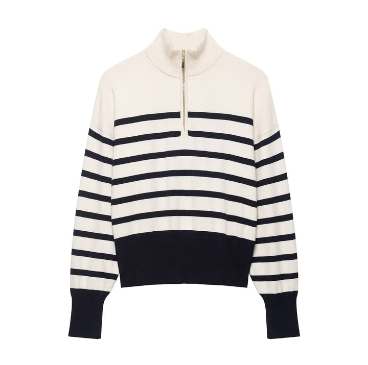 Damen Cropped Boxy Strickpullover mit halbem Reißverschluss, Stehkragen und breiten Streifen Drune