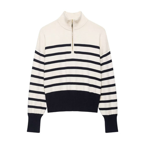 Damen Cropped Boxy Strickpullover mit halbem Reißverschluss, Stehkragen und breiten Streifen Drune