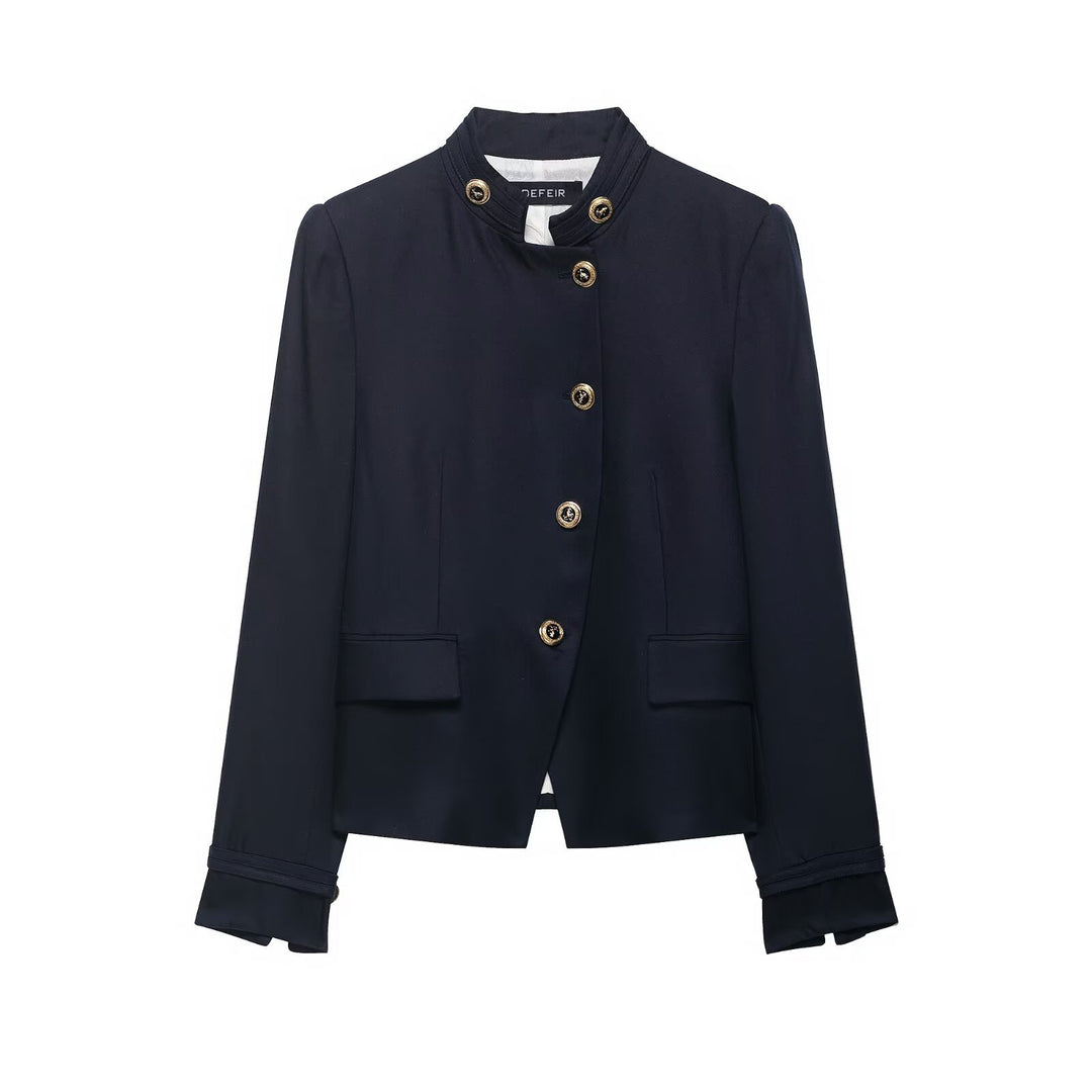 Damen Kastenloser Kurzblazer mit Stehkragen und goldenen Zierknöpfen Drune