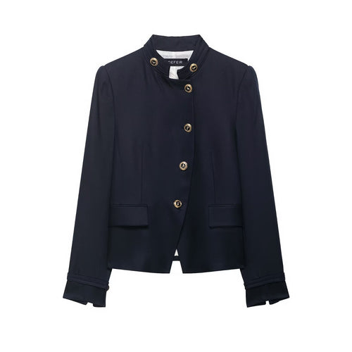 Damen Kastenloser Kurzblazer mit Stehkragen und goldenen Zierknöpfen Drune