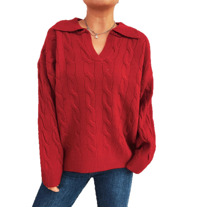 Damen Grobstrickpullover mit farbenfrohem Zopfdesign und klassischem Kragen Drune