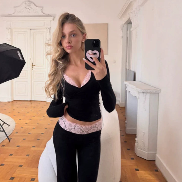 Damen Figurbetontes Lounge-Set mit Spitzendetail, High‑Waist Leggings & Crop-Top Drune