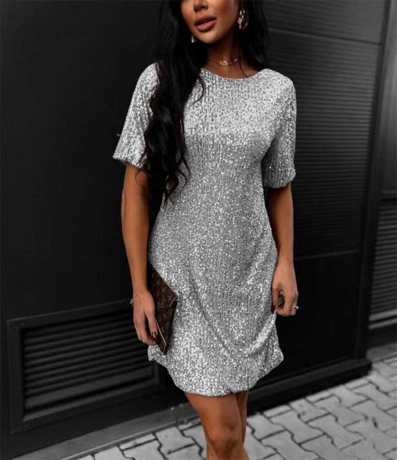 Damen Glänzendes Paillettenkleid mit kurzem Schnitt und bequemen Rundhalsausschnitt Drune