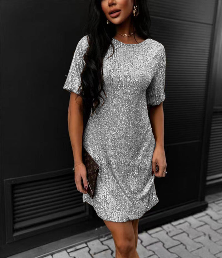 Damen Glänzendes Paillettenkleid mit kurzem Schnitt und bequemen Rundhalsausschnitt Drune