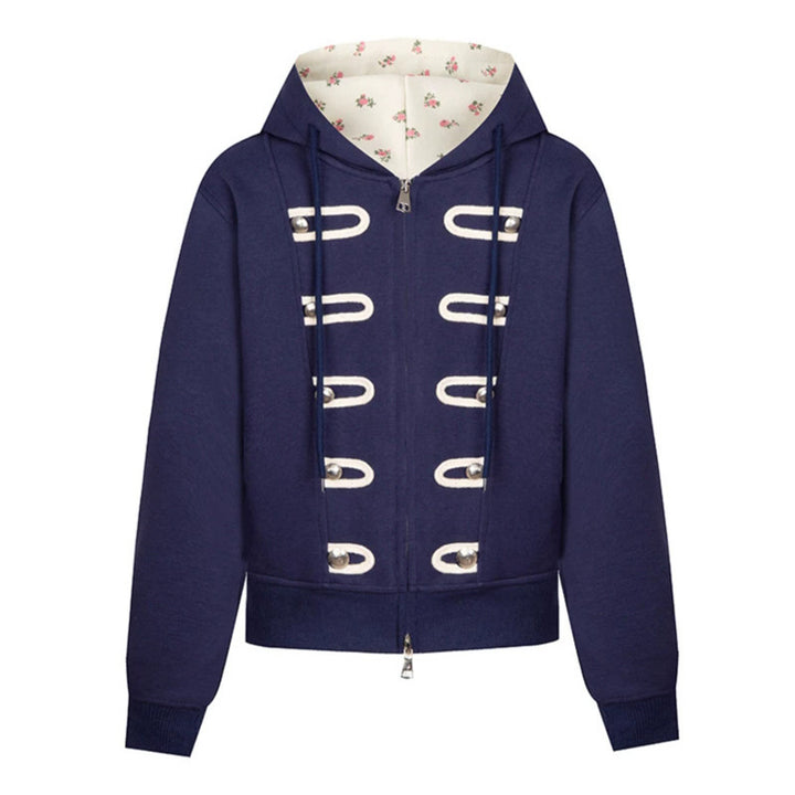 Damen Kapuzen-Sweatjacke mit dekorativen Schlaufen und Metallknopf-Details Drune