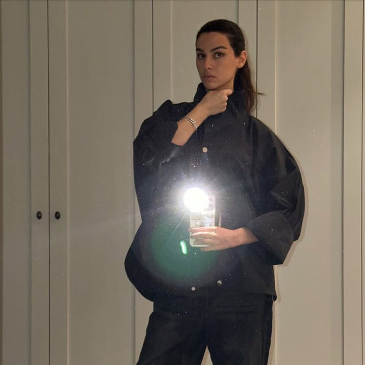 Damen Oversize-Hemdjacke mit Stehkragen, kastiger Silhouette und Druckknopf-Leiste Drune