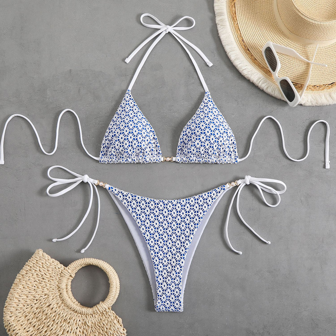 Damen Triangel-Bikini-Set mit floralem Muster und raffinierten Bändern Drune