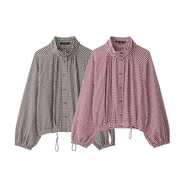Damen 10+ kariertes Cropped‑Blusenjacke mit Stehkragen, Tunnelzugsaum und Ballonärmeln Drune