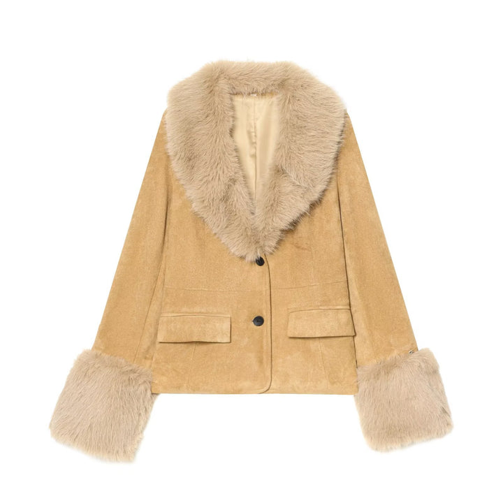 Damen Kurzjacke aus Veloursimitat mit voluminösem Schalkragen und Fellbündchen Drune
