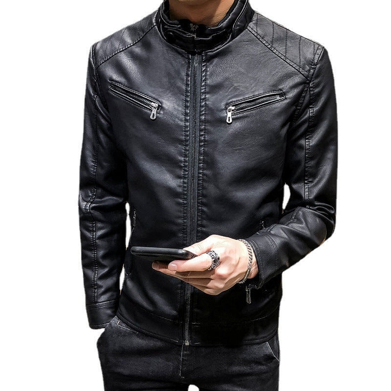 Herren Slim-Fit Kunstleder‑Racerblouson mit Stehkragen und Reißverschluss‑Brusttaschen Drune