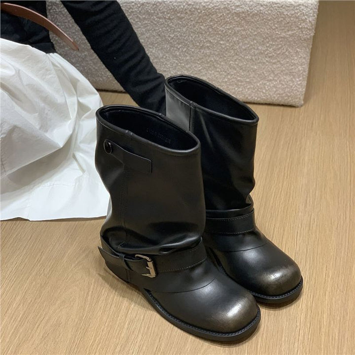 Damen Slouchy Bikerstiefeletten mit verstellbarem Schnallenriemen und runder Zehenform Drune