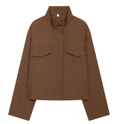 Damen Kurze Boxy‑Fieldjacke im Worker‑Look mit hohem Stehkragen und Pattentaschen Drune