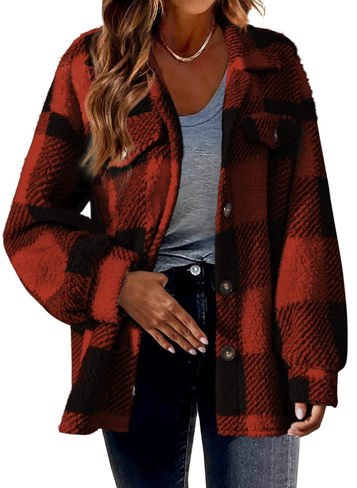 Damen Kuschelige Karodesign Jacke mit Knöpfen und Brusttasche Drune