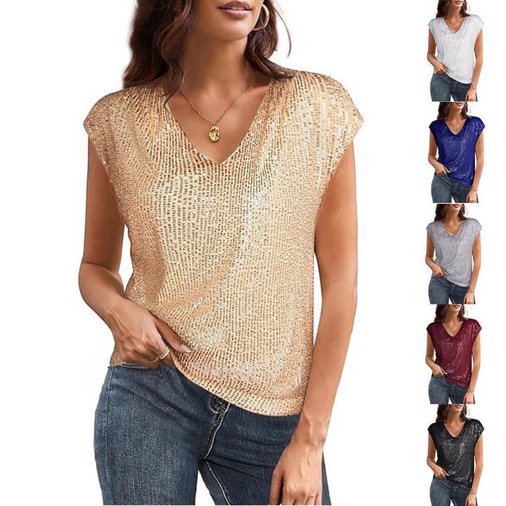 Damen Pailletten V-Ausschnitt Top Drune