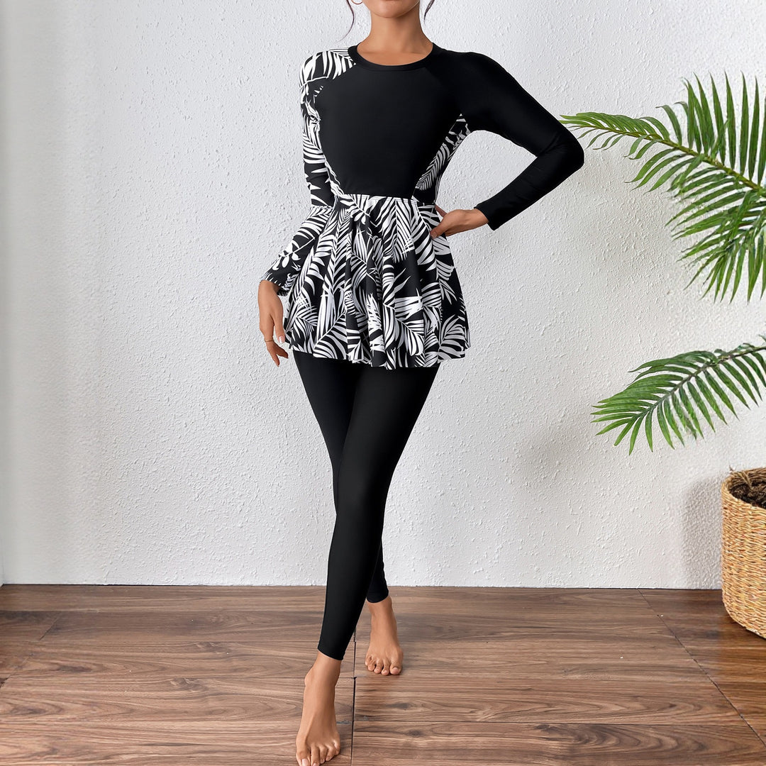 Damen Sportlicher Langarm Badeanzug mit Rüschendetails Drune
