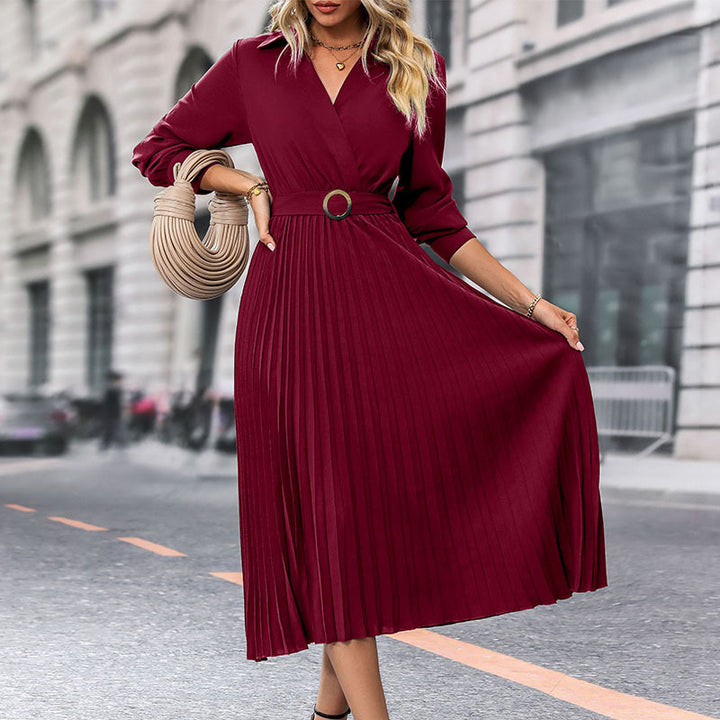 Damen Midi-Faltenkleid mit Wickeloberteil, Taillengürtel und Plissee-Rock Drune