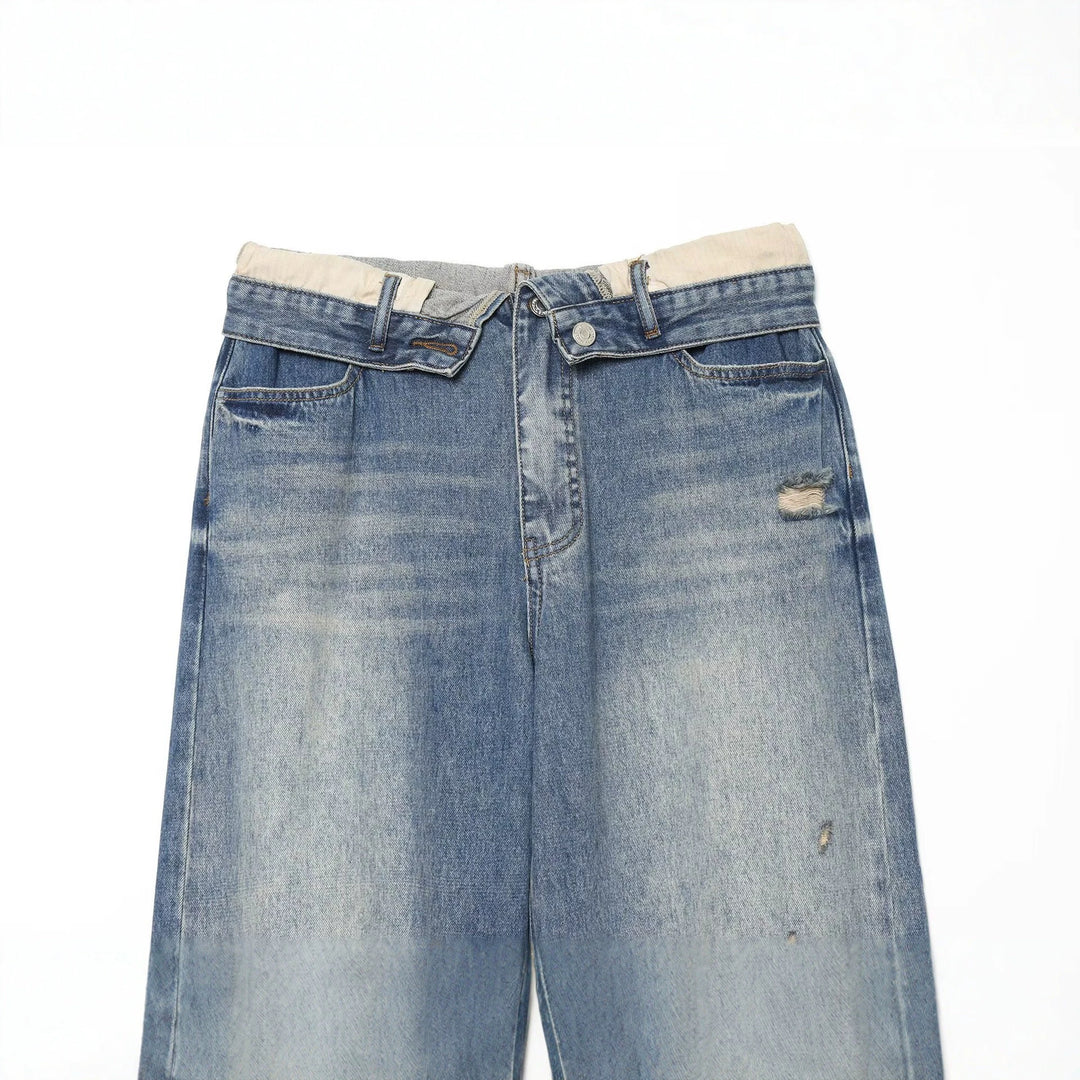 Damen Weite Ripped Denim‑Jeans mit Knie‑Löchern und hoher Leibhöhe Drune
