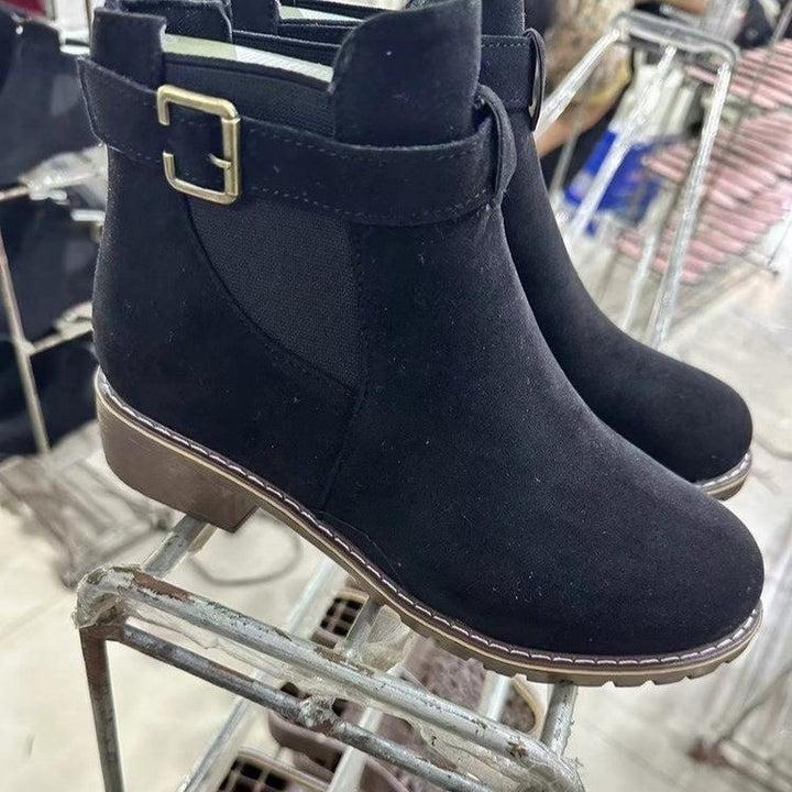 Damen Wildleder-Optik Chelsea-Stiefelette mit dekorativem Schnallenriemen, elastischem Einsatz und grober Profilsohle Drune