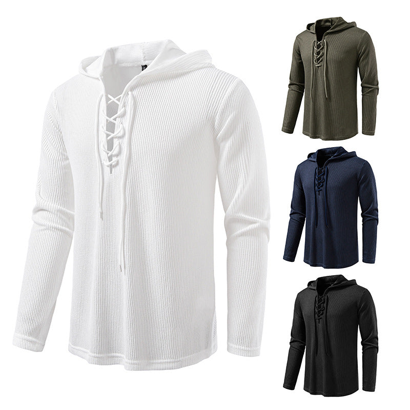 Herren Waffelstrick-Kapuzenpullover mit Schnürkragen und geradem Saum Drune