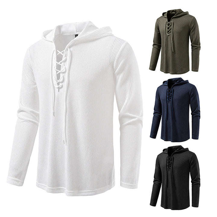 Herren Waffelstrick-Kapuzenpullover mit Schnürkragen und geradem Saum Drune