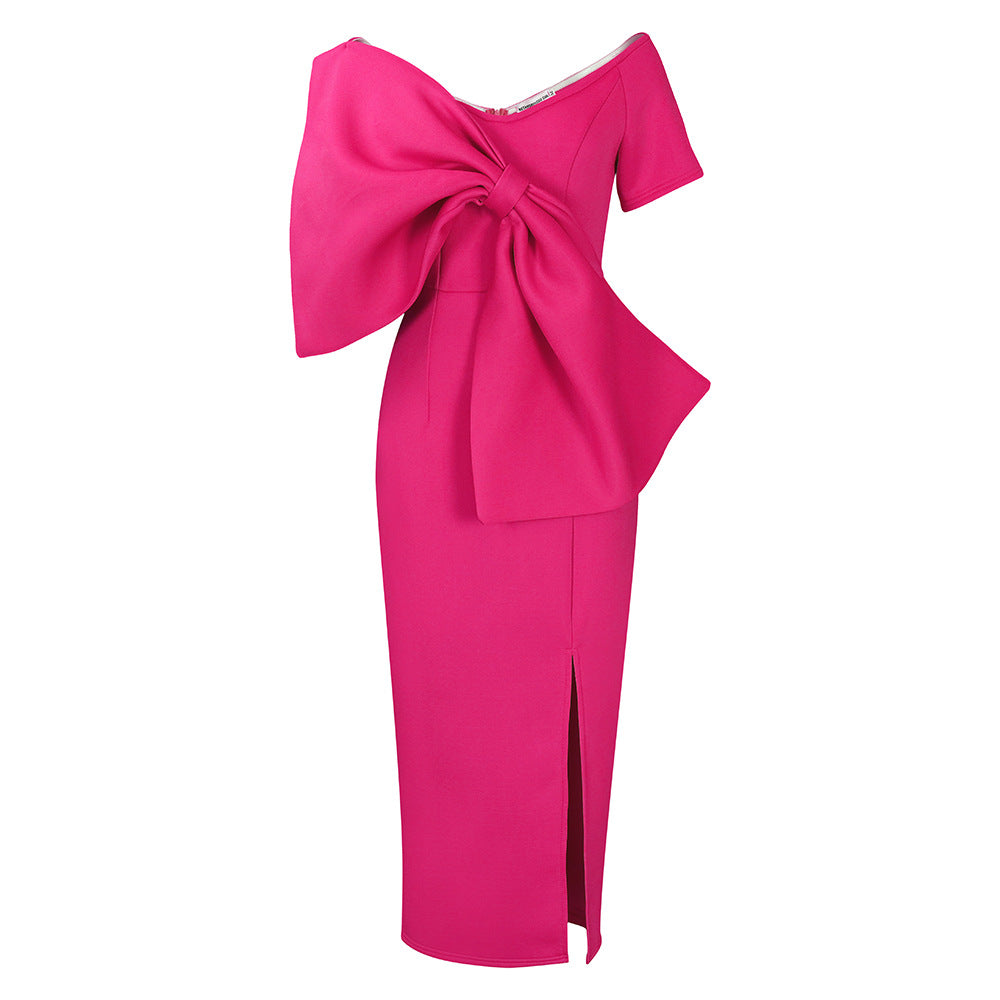 Damen figurbetontes Kleid mit voluminösem Schleifen-Detail und modernem Schlitz Drune